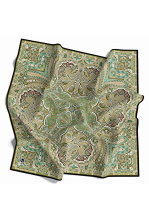 Kristal Şal Desenli Zümrüt Yeşili - Haki Renkli 90x90 Eşarp (İpek İçermez) Kenar Dikiş Şekli El Dikişli