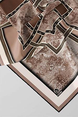 Twill Geometrik Desenli Vizon Renkli 90x90 Eşarp (İpek İçermez) Kenar Dikiş Şekli El Dikişli