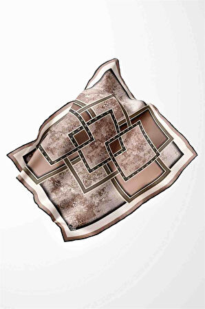 Twill Geometrik Desenli Vizon Renkli 90x90 Eşarp (İpek İçermez) Kenar Dikiş Şekli El Dikişli