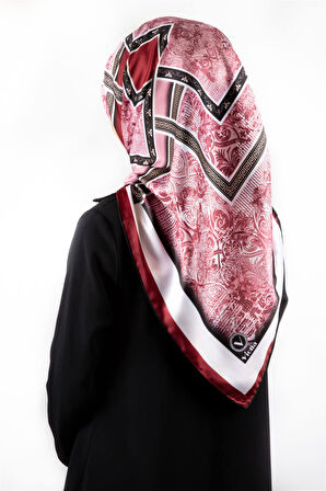 Twill Geometrik Desenli Bordo Renkli 90x90 Eşarp (İpek İçermez) Kenar Dikiş Şekli El Dikişli