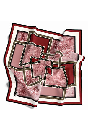 Twill Geometrik Desenli Bordo Renkli 90x90 Eşarp (İpek İçermez) Kenar Dikiş Şekli El Dikişli