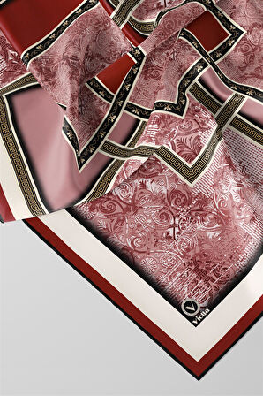 Twill Geometrik Desenli Bordo Renkli 90x90 Eşarp (İpek İçermez) Kenar Dikiş Şekli El Dikişli