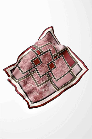 Twill Geometrik Desenli Bordo Renkli 90x90 Eşarp (İpek İçermez) Kenar Dikiş Şekli El Dikişli