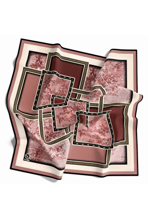 Twill Geometrik Desenli Pudra Renkli 90x90 Eşarp (İpek İçermez) Kenar Dikiş Şekli El Dikişli
