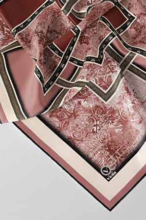 Twill Geometrik Desenli Pudra Renkli 90x90 Eşarp (İpek İçermez) Kenar Dikiş Şekli El Dikişli