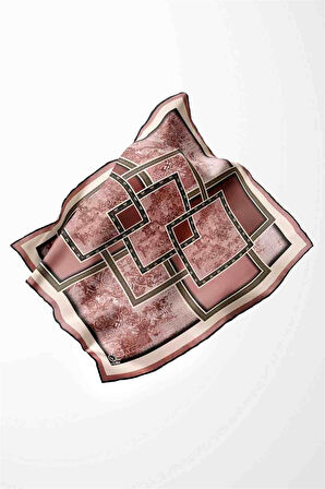 Twill Geometrik Desenli Pudra Renkli 90x90 Eşarp (İpek İçermez) Kenar Dikiş Şekli El Dikişli
