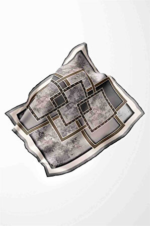 Twill Geometrik Desenli Gri Renkli 90x90 Eşarp (İpek İçermez) Kenar Dikiş Şekli El Dikişli