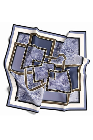 Twill Geometrik Desenli İndigo Renkli 90x90 Eşarp (İpek İçermez) Kenar Dikiş Şekli El Dikişli