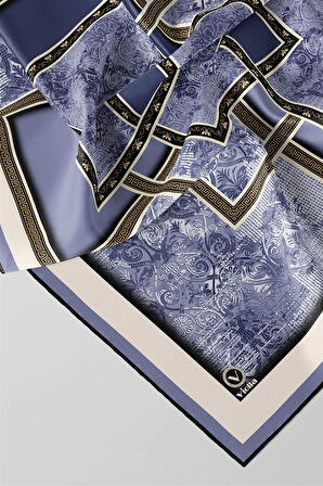 Twill Geometrik Desenli İndigo Renkli 90x90 Eşarp (İpek İçermez) Kenar Dikiş Şekli El Dikişli