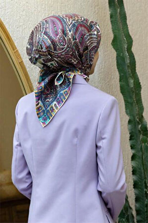 Vissona Tivil İpek Eşarp 60776 - 3 - 0003 Krem Mavi Etnik Desen