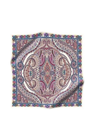 Vissona Tivil İpek Eşarp 60776 - 3 - 0003 Krem Mavi Etnik Desen