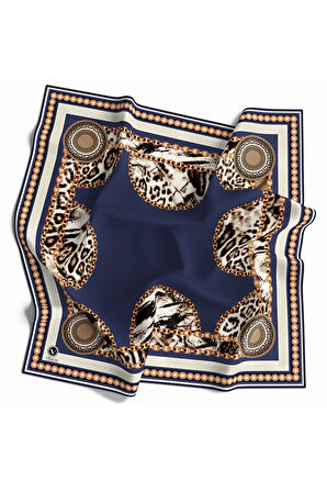 Kristal Zincirli Leopar Desenli İndigo Renkli 90x90 Eşarp (İpek İçermez) Kenar Dikiş Şekli El Dikişli