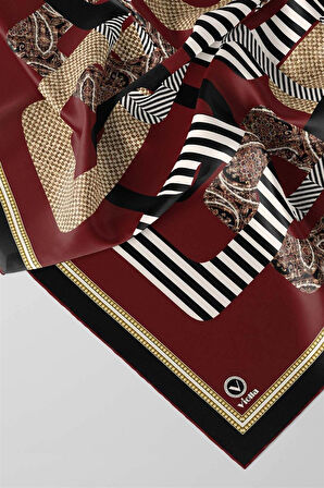 Twill Geometrik Desenli Bordo Renkli 90x90 Eşarp (İpek İçermez) Kenar Dikiş Şekli El Dikişli