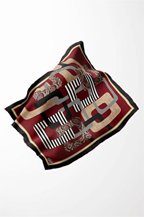 Twill Geometrik Desenli Bordo Renkli 90x90 Eşarp (İpek İçermez) Kenar Dikiş Şekli El Dikişli