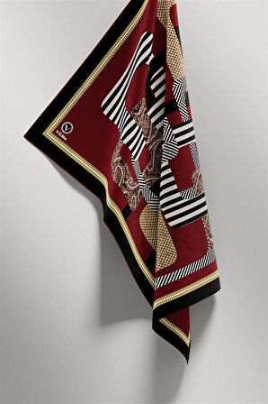 Twill Geometrik Desenli Bordo Renkli 90x90 Eşarp (İpek İçermez) Kenar Dikiş Şekli El Dikişli
