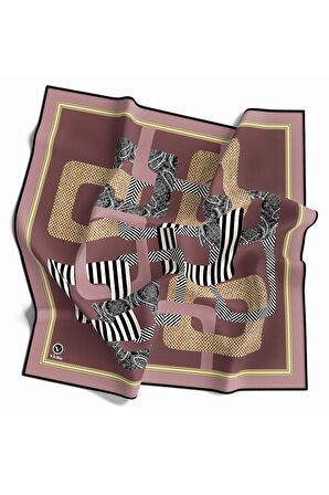 Twill Geometrik Desenli Pudra Renkli 90x90 Eşarp (İpek İçermez) Kenar Dikiş Şekli El Dikişli