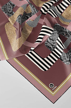 Twill Geometrik Desenli Pudra Renkli 90x90 Eşarp (İpek İçermez) Kenar Dikiş Şekli El Dikişli
