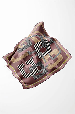 Twill Geometrik Desenli Pudra Renkli 90x90 Eşarp (İpek İçermez) Kenar Dikiş Şekli El Dikişli