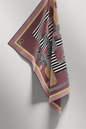 Twill Geometrik Desenli Pudra Renkli 90x90 Eşarp (İpek İçermez) Kenar Dikiş Şekli El Dikişli