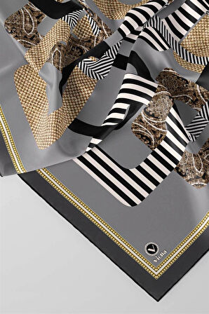 Twill Geometrik Desenli Gri Renkli 90x90 Eşarp (İpek İçermez) Kenar Dikiş Şekli El Dikişli