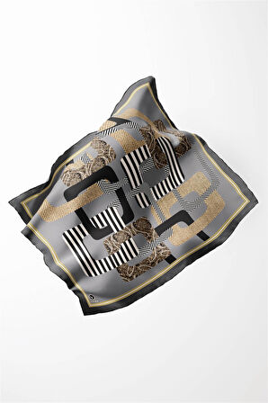 Twill Geometrik Desenli Gri Renkli 90x90 Eşarp (İpek İçermez) Kenar Dikiş Şekli El Dikişli