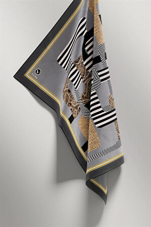 Twill Geometrik Desenli Gri Renkli 90x90 Eşarp (İpek İçermez) Kenar Dikiş Şekli El Dikişli