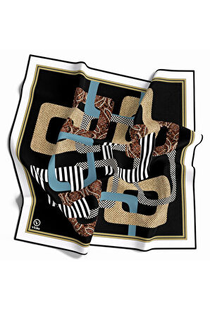 Twill Geometrik Desenli İndigo Renkli 90x90 Eşarp (İpek İçermez) Kenar Dikiş Şekli El Dikişli