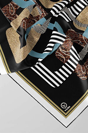 Twill Geometrik Desenli İndigo Renkli 90x90 Eşarp (İpek İçermez) Kenar Dikiş Şekli El Dikişli