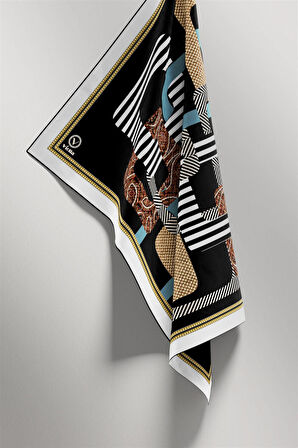 Twill Geometrik Desenli İndigo Renkli 90x90 Eşarp (İpek İçermez) Kenar Dikiş Şekli El Dikişli