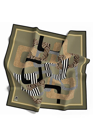 Twill Geometrik Desenli Haki Renkli 90x90 Eşarp (İpek İçermez) Kenar Dikiş Şekli El Dikişli