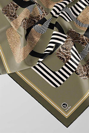 Twill Geometrik Desenli Haki Renkli 90x90 Eşarp (İpek İçermez) Kenar Dikiş Şekli El Dikişli