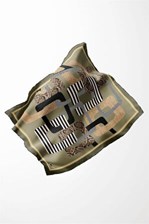 Twill Geometrik Desenli Haki Renkli 90x90 Eşarp (İpek İçermez) Kenar Dikiş Şekli El Dikişli