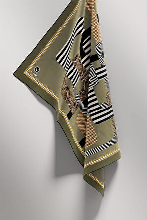 Twill Geometrik Desenli Haki Renkli 90x90 Eşarp (İpek İçermez) Kenar Dikiş Şekli El Dikişli