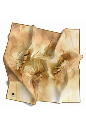 Twill Batik Çiçek Desenli Hardal Renkli 90x90 Eşarp (İpek İçermez) Kenar Dikiş Şekli El Dikişli