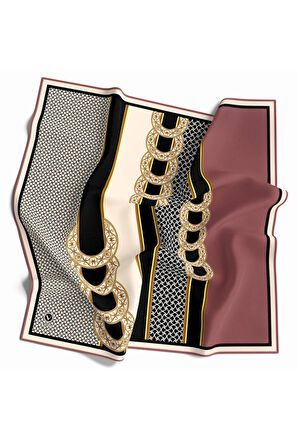 Twill Gold Kemerli Geometrik Desenli Pudra Renkli 90x90 Eşarp (İpek İçermez) Kenar Dikiş Şekli El Dikişli
