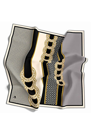 Twill Gold Kemerli Geometrik Desenli Gümüş Renkli 90x90 Eşarp (İpek İçermez) Kenar Dikiş Şekli El Dikişli