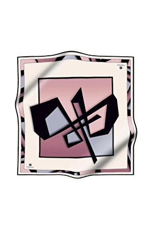 %100 Twill İpek Geometrik Desenli Pudra - Gri Renkli 90x90 Eşarp Dikim Şekli : El Dikişi