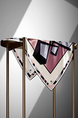 %100 Twill İpek Geometrik Desenli Pudra - Gri Renkli 90x90 Eşarp Dikim Şekli : El Dikişi