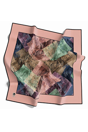 Soft Twill Bordürlü Karalama Desenli Somon Renkli 90x90 Eşarp (İpek İçermez) Kenar Dikiş Şekli El Dikişli