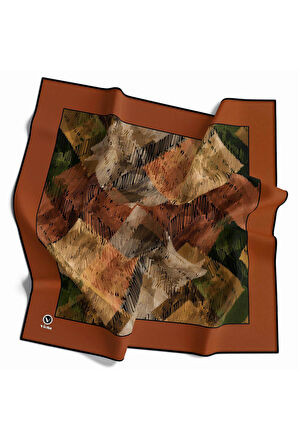 Soft Twill Bordürlü Karalama Desenli Taba Renkli 90x90 Eşarp (İpek İçermez) Kenar Dikiş Şekli El Dikişli