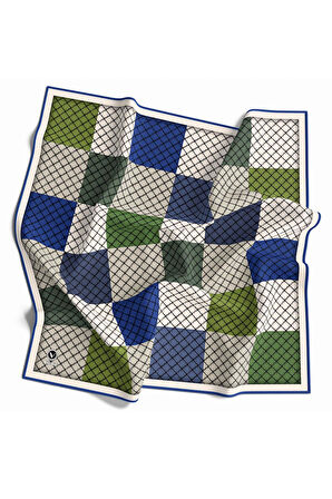 Twill Kare Desenli Saks Renkli 90x90 Eşarp (İpek İçermez) Kenar Dikiş Şekli El Dikişli