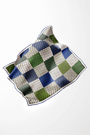 Twill Kare Desenli Saks Renkli 90x90 Eşarp (İpek İçermez) Kenar Dikiş Şekli El Dikişli