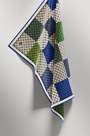 Twill Kare Desenli Saks Renkli 90x90 Eşarp (İpek İçermez) Kenar Dikiş Şekli El Dikişli