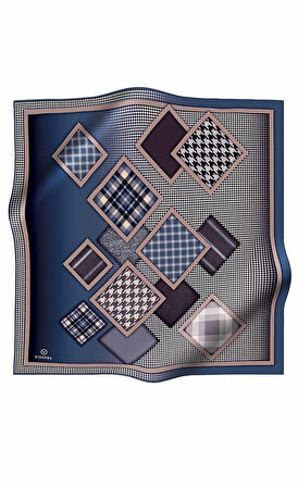 %100 Twill İpek Kazakayaklı Ve Ekose Desenli İndigo - Krem Renkli 90x90 Eşarp Dikim Şekli : El Dikişi