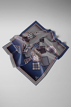 %100 Twill İpek Kazakayaklı Ve Ekose Desenli İndigo - Krem Renkli 90x90 Eşarp Dikim Şekli : El Dikişi