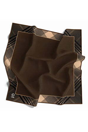 Soft Twill Bordürlü Ekose Desenli Kahverengi Renkli 90x90 Eşarp (İpek İçermez) Kenar Dikiş Şekli El Dikişli