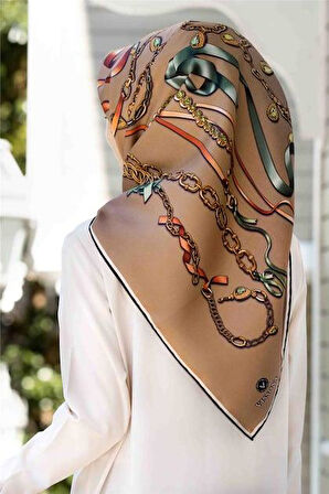 Vissona Tivil İpek Eşarp 17558 - 3 - 0004 Bej Zincir Desen