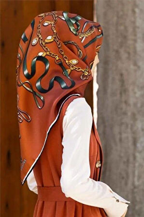 Vissona Tivil İpek Eşarp 17558 - 4 - 0014 Turuncu Zincir Desen