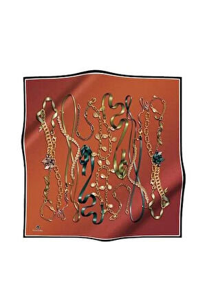 Vissona Tivil İpek Eşarp 17558 - 4 - 0014 Turuncu Zincir Desen