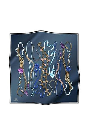 Vissona Tivil İpek Eşarp 17558 - 15 - 0040 Petrol Mavi Zincir Desen